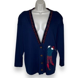 Vintage Ali Miles Petites Navy Blue Golf Cardigan Applique Button Women Medium